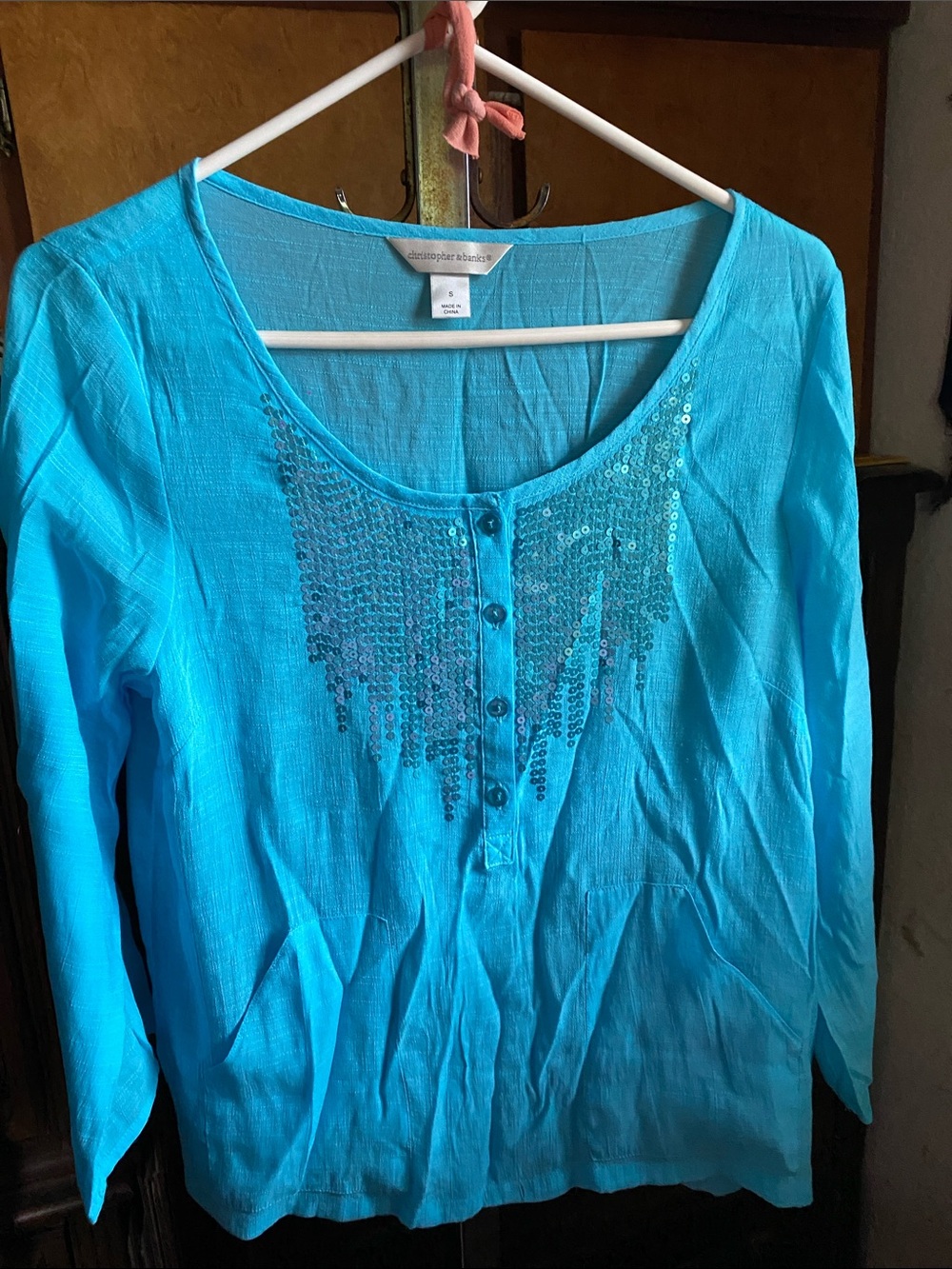 Christopher & Banks Bright Turquoise Sequin Henley Long Sleeve Top